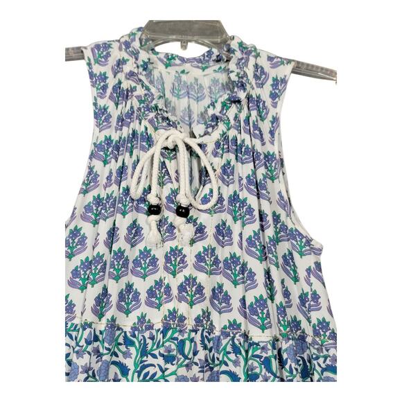 Chelsea & Theodore Split Neck Boho‎ Midi Dress Blue Floral Block Print - Picture 3 of 14